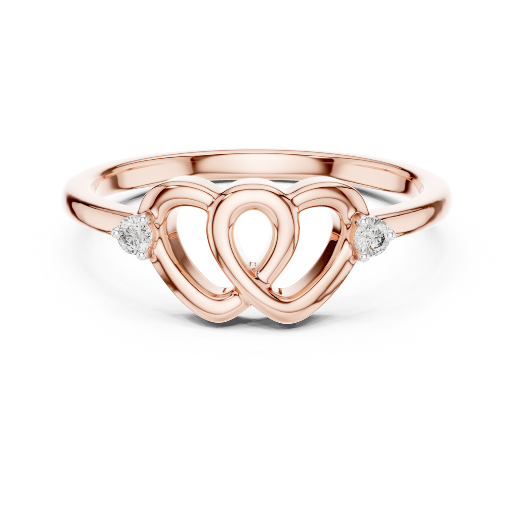 Rose gold diamond promise ring top view with heart pattern and round bezel-set stones
