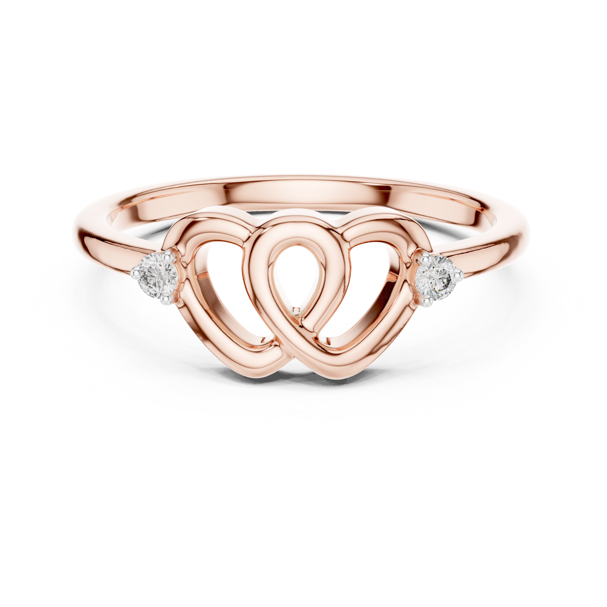 Rose gold diamond promise ring top view with heart pattern and round bezel-set stones