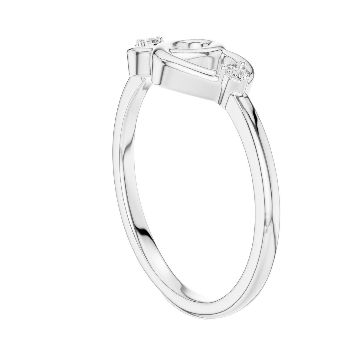White gold diamond promise ring with round side stones and heart-shaped motif