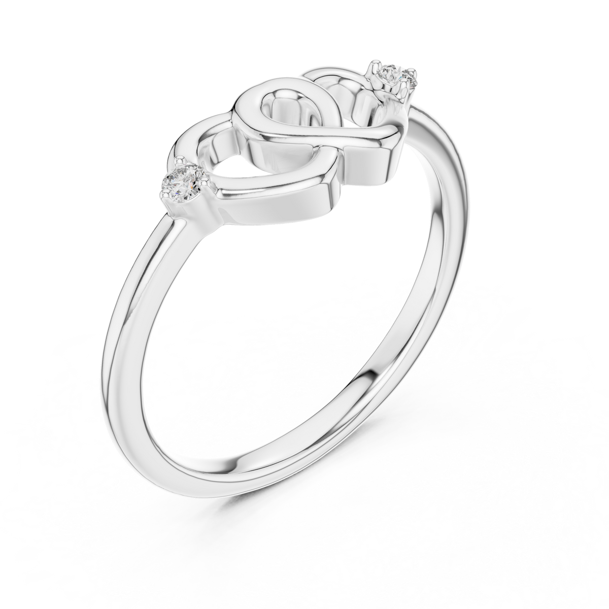 White gold diamond promise ring with entwined heart design and round accent stones