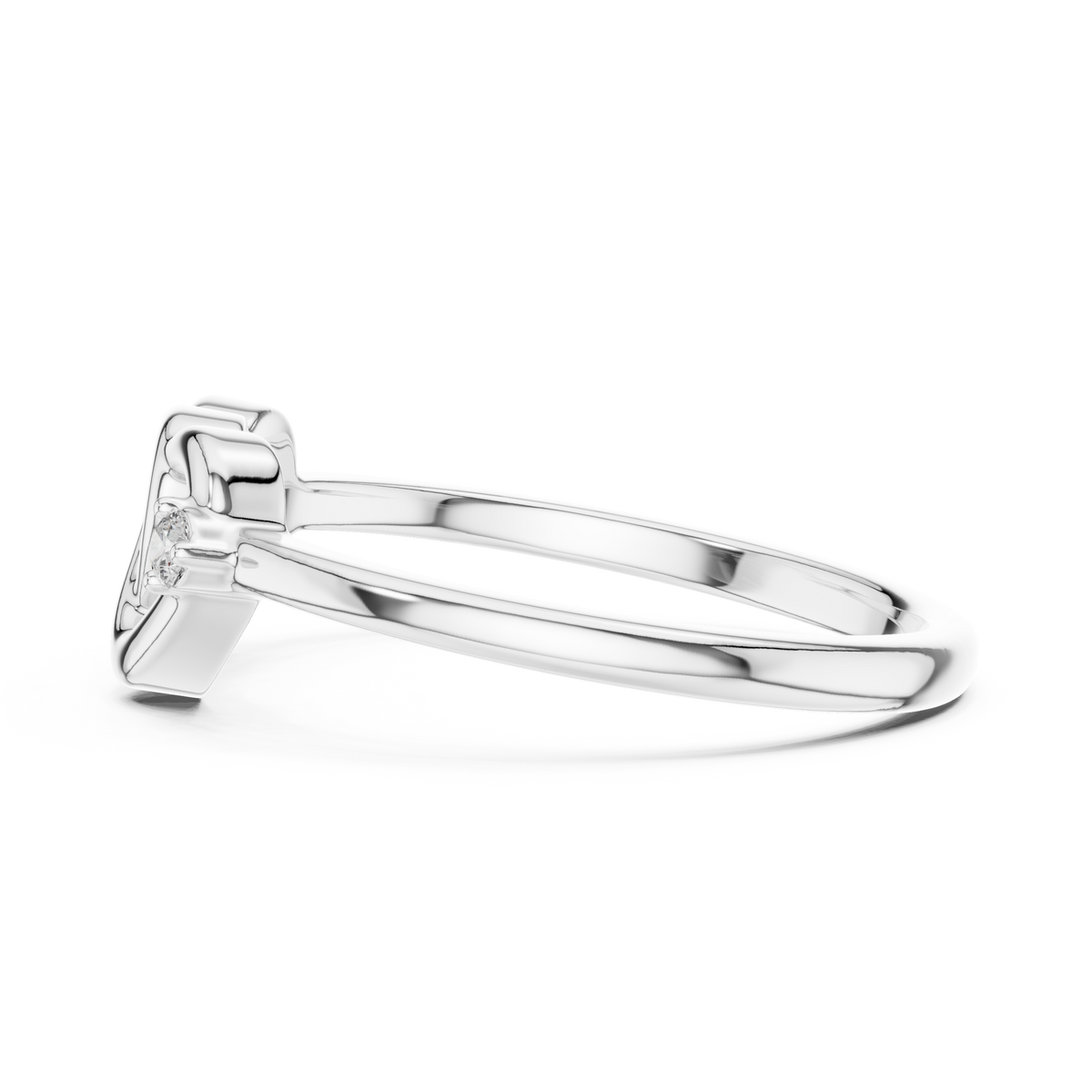 White gold diamond promise ring profile view with heart motif and round stones
