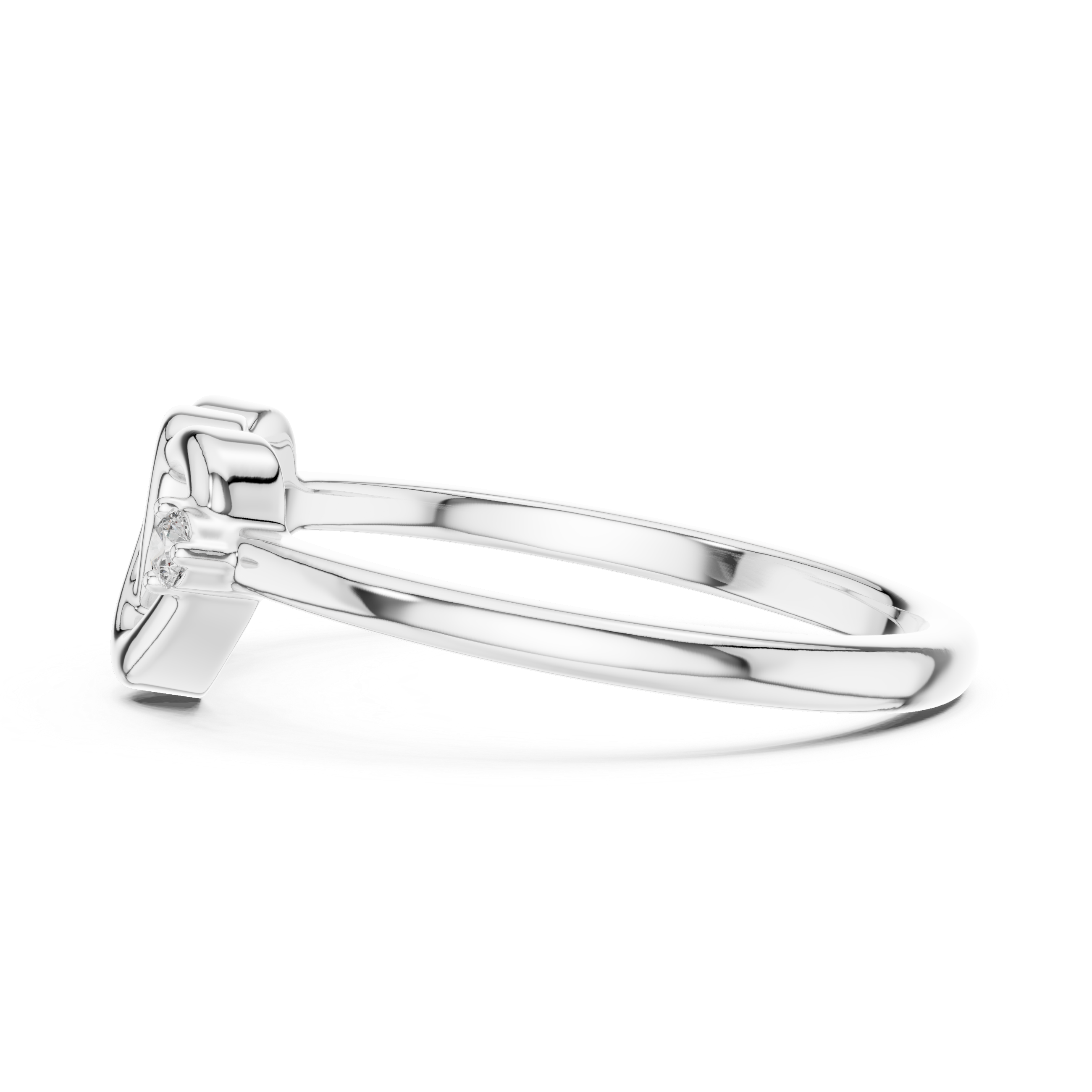 White gold diamond promise ring profile view with heart motif and round stones