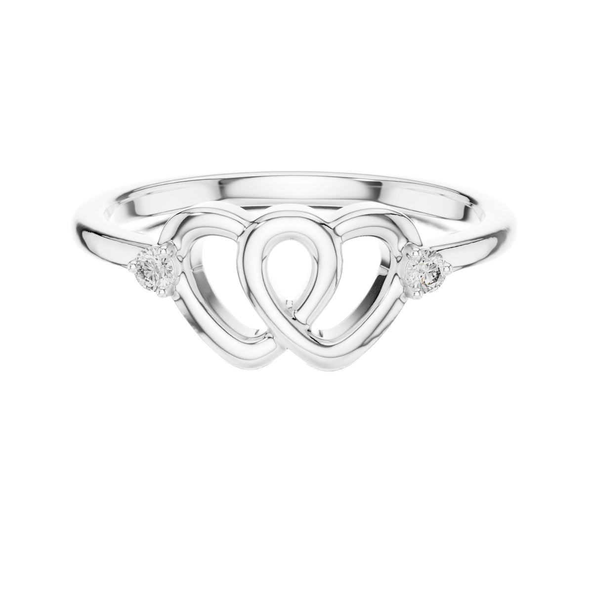 White gold diamond promise ring top view with heart pattern and round bezel-set stones