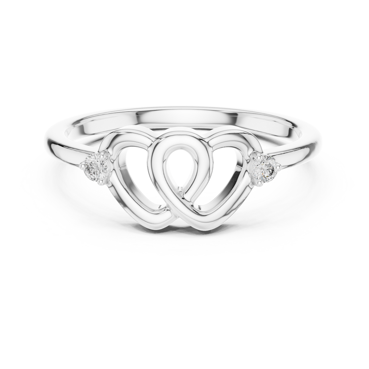 White gold diamond promise ring top view with heart pattern and round bezel-set stones