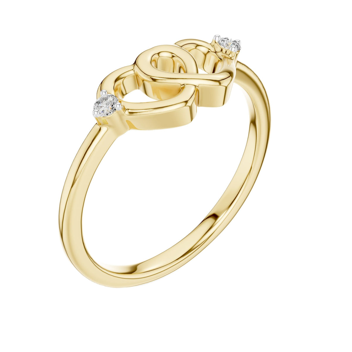Yellow gold diamond promise ring with entwined heart design and round accent stones