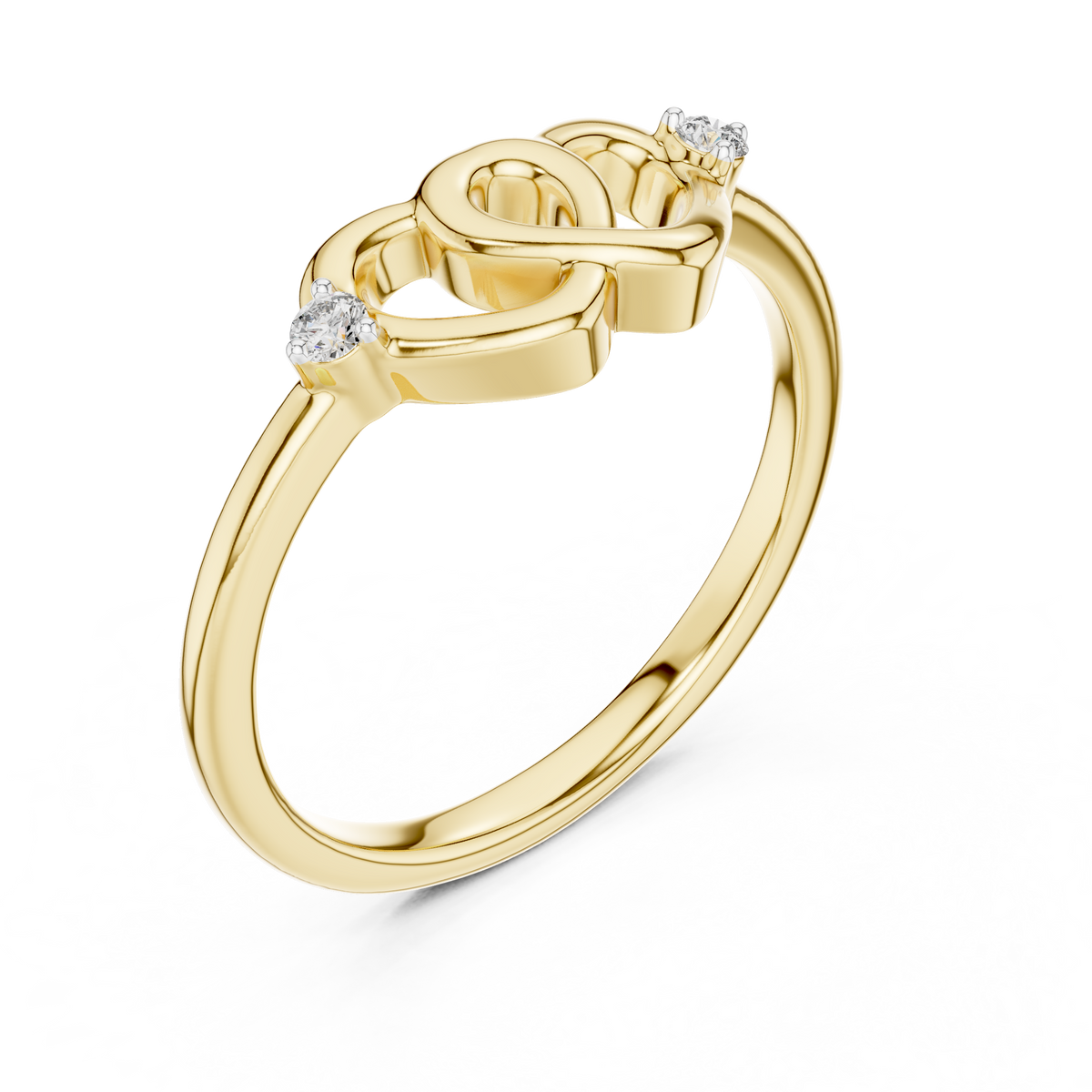 Yellow gold diamond promise ring with entwined heart design and round accent stones