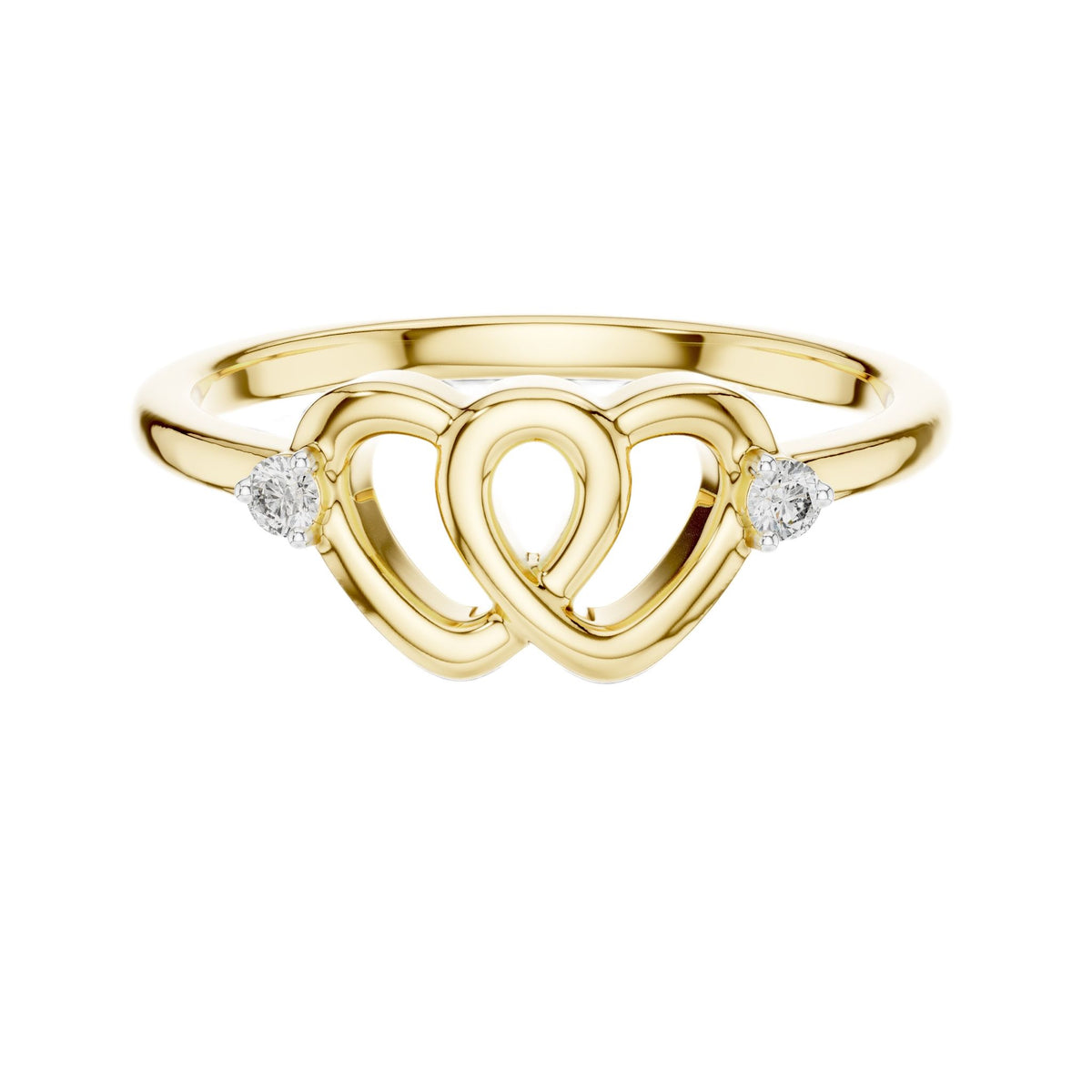 Yellow gold diamond promise ring, top view, entwined heart band with two round stones