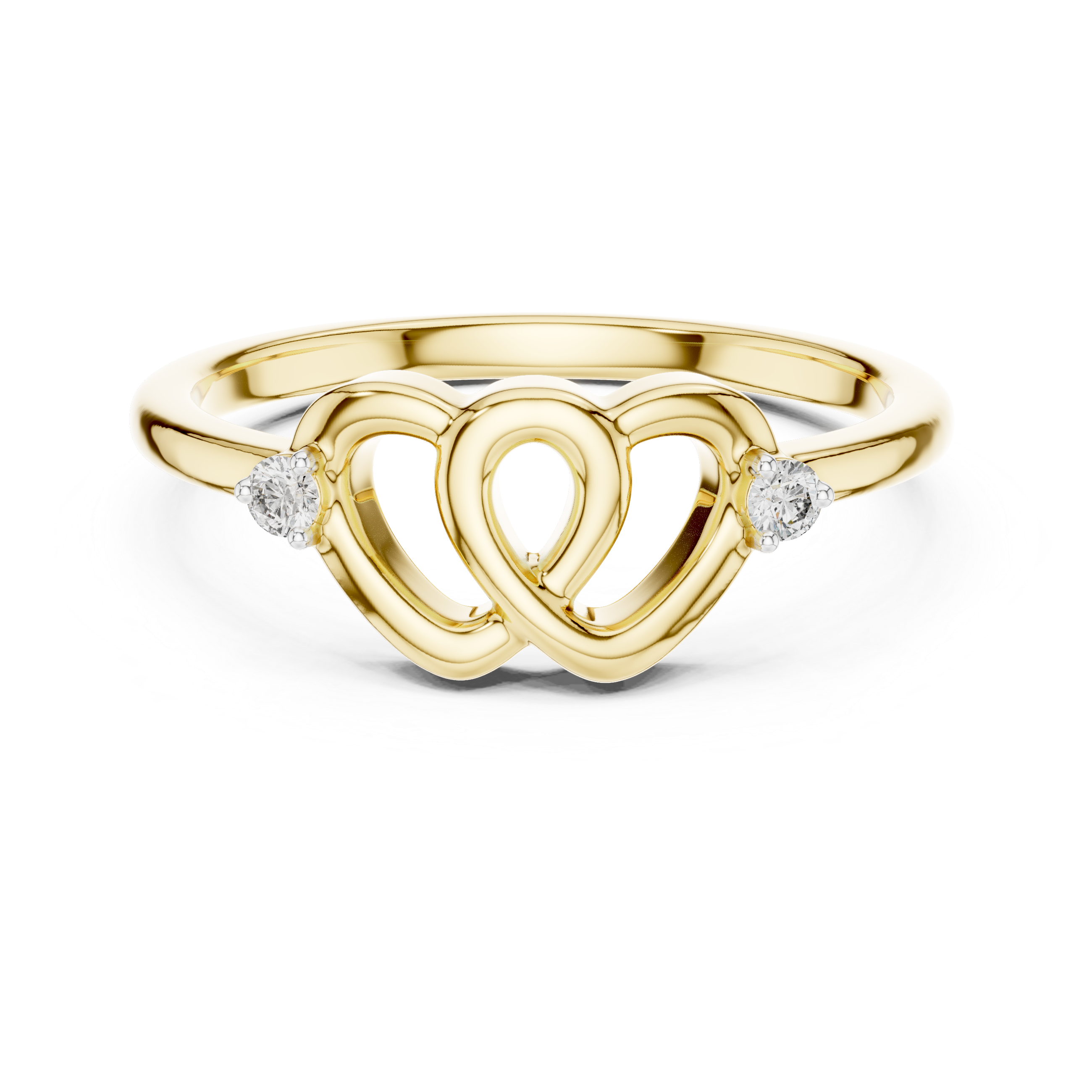 Yellow gold diamond promise ring, top view, entwined heart band with two round stones
