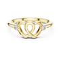 Yellow gold diamond promise ring, top view, entwined heart band with two round stones