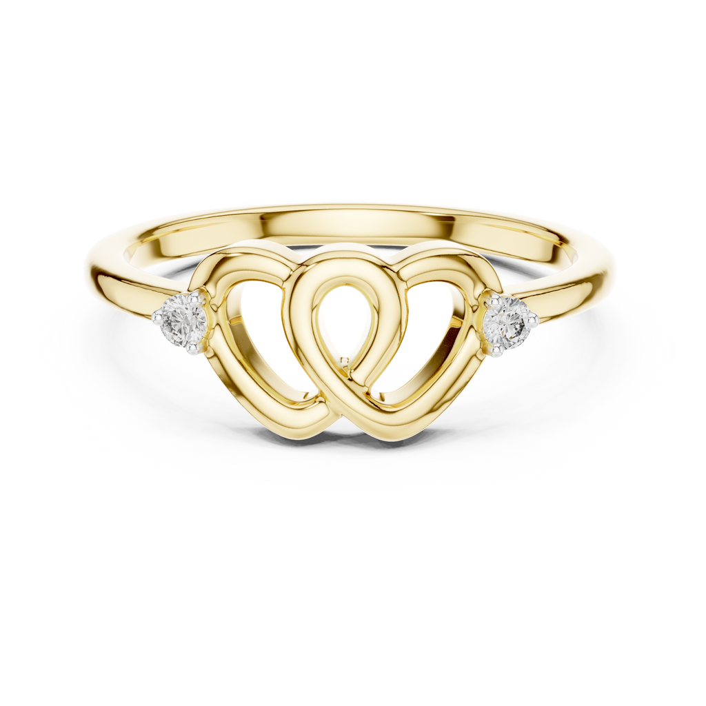 Yellow gold diamond promise ring, top view, entwined heart band with two round stones