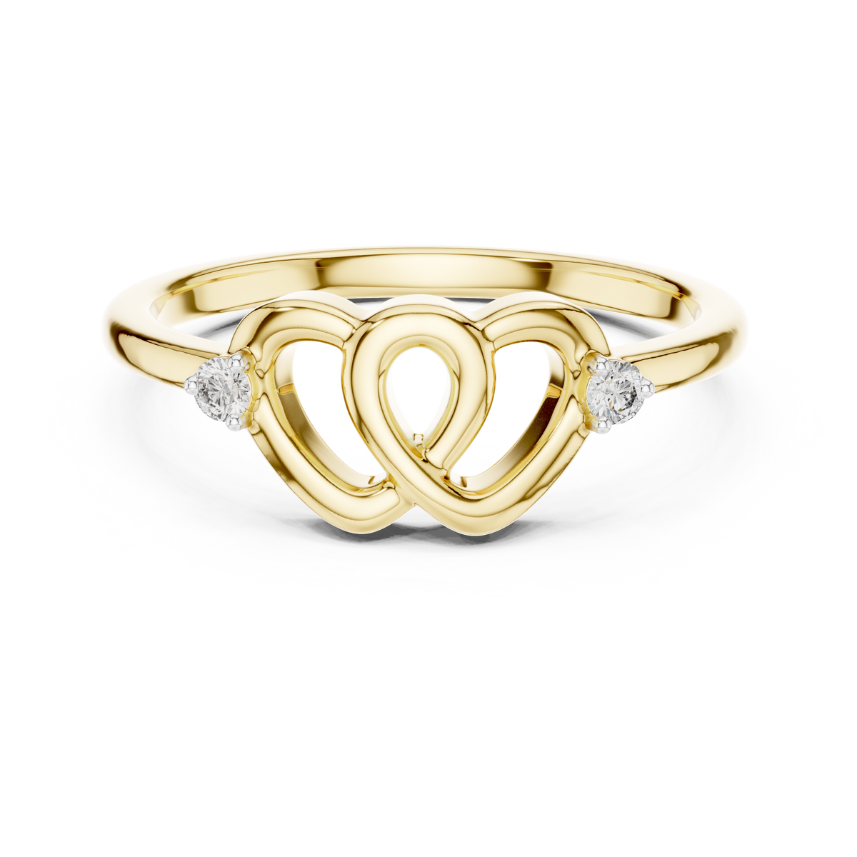 Yellow gold diamond promise ring, top view, entwined heart band with two round stones