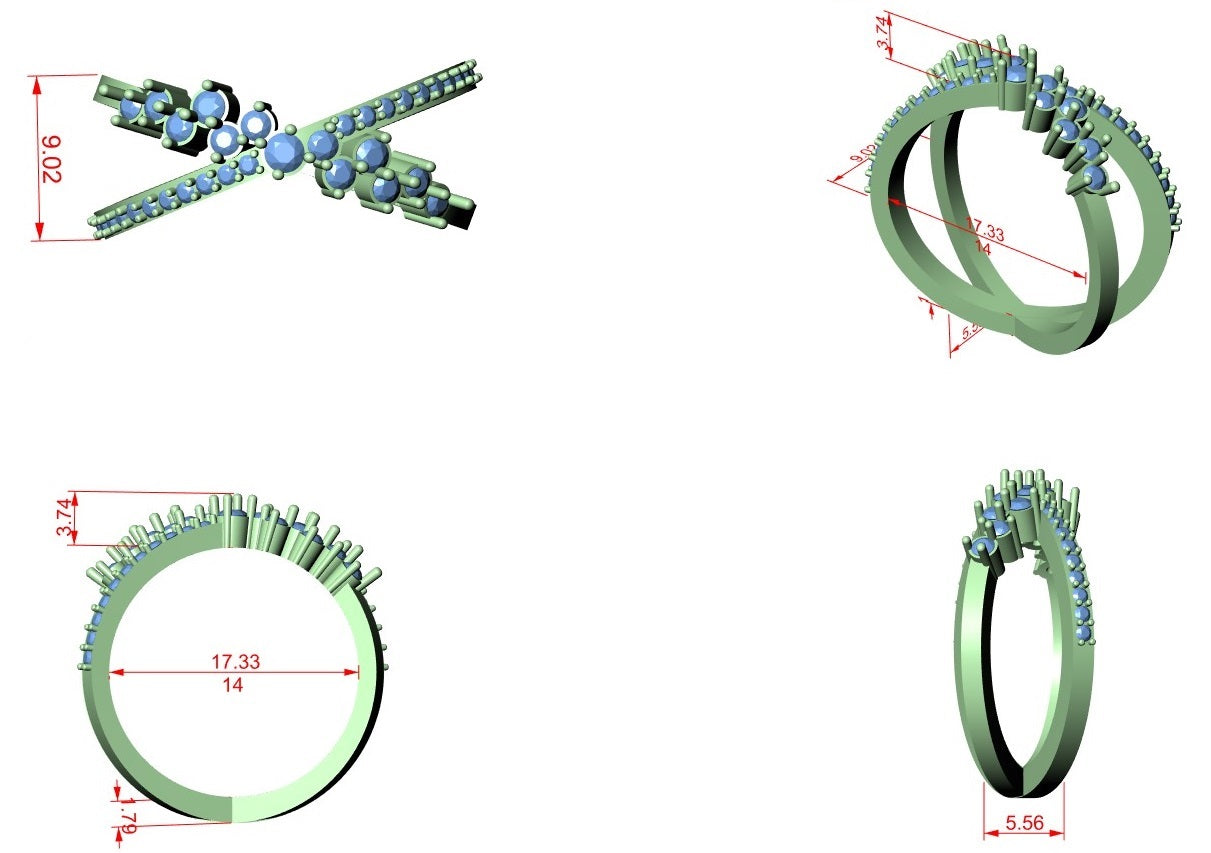 Diamond band CAD diagram with blue round stones on green ring, size and measurements