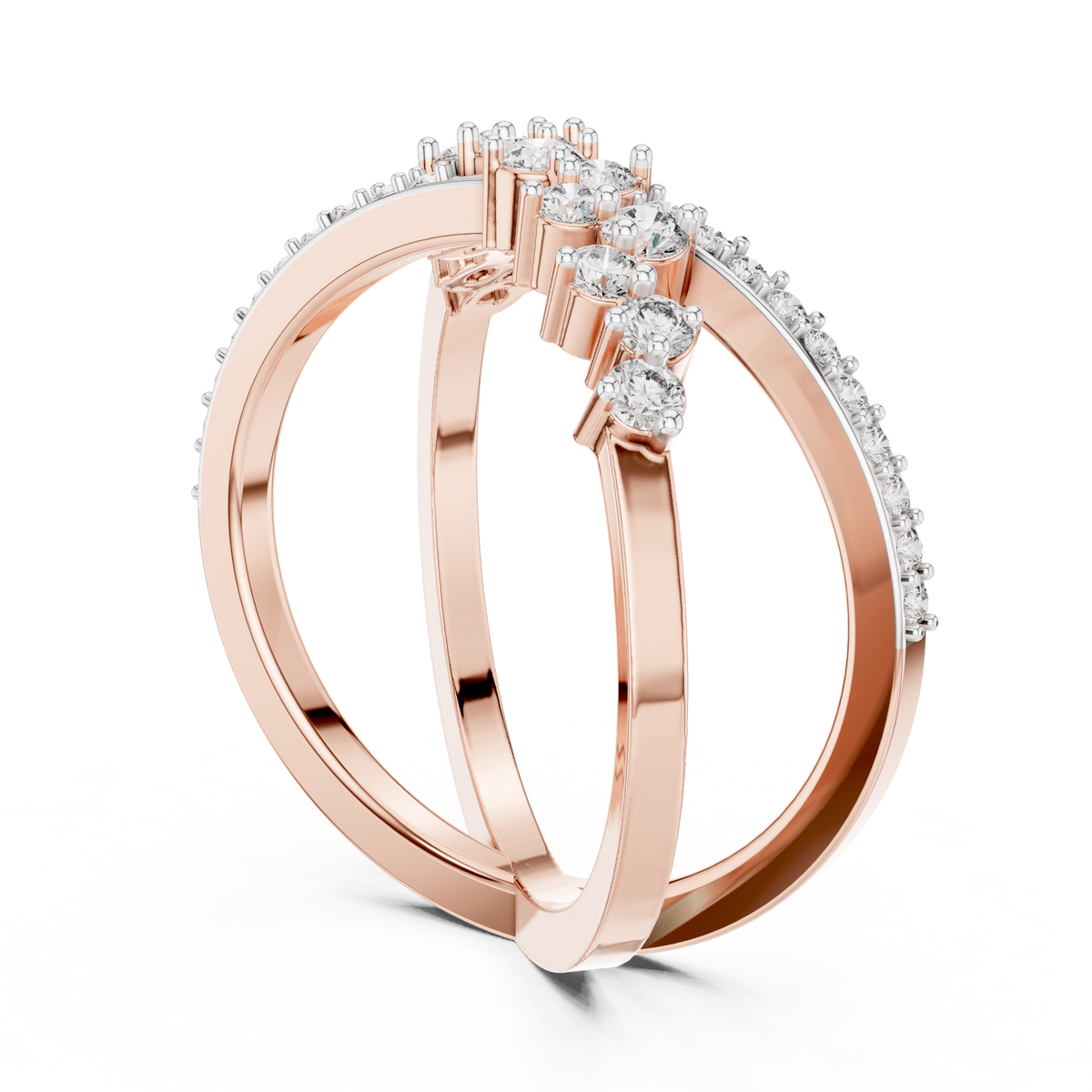 Rose gold diamond band ring with round prong-set stones and a radiant X profile