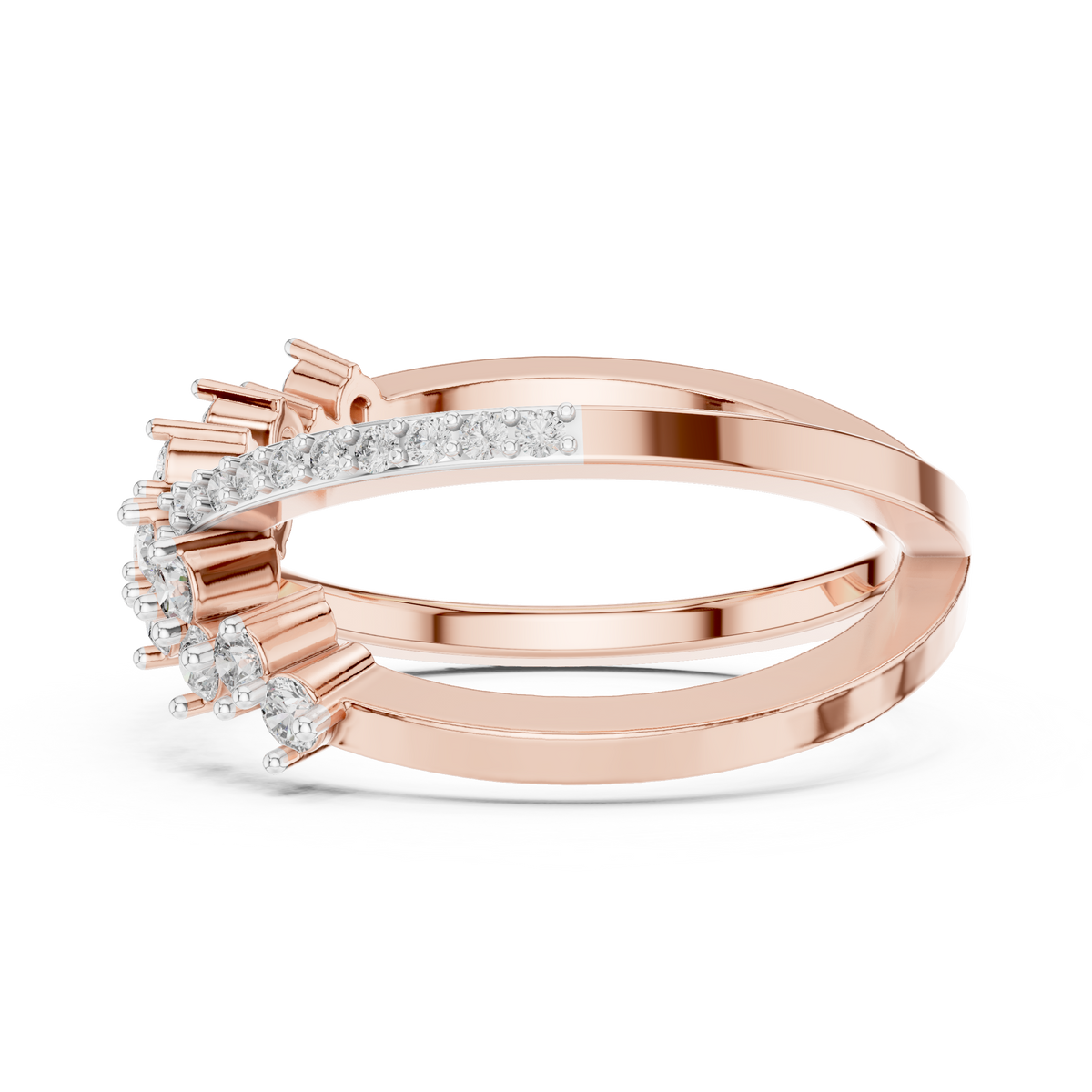 Rose gold diamond band ring with round stones along the outer edge and open center