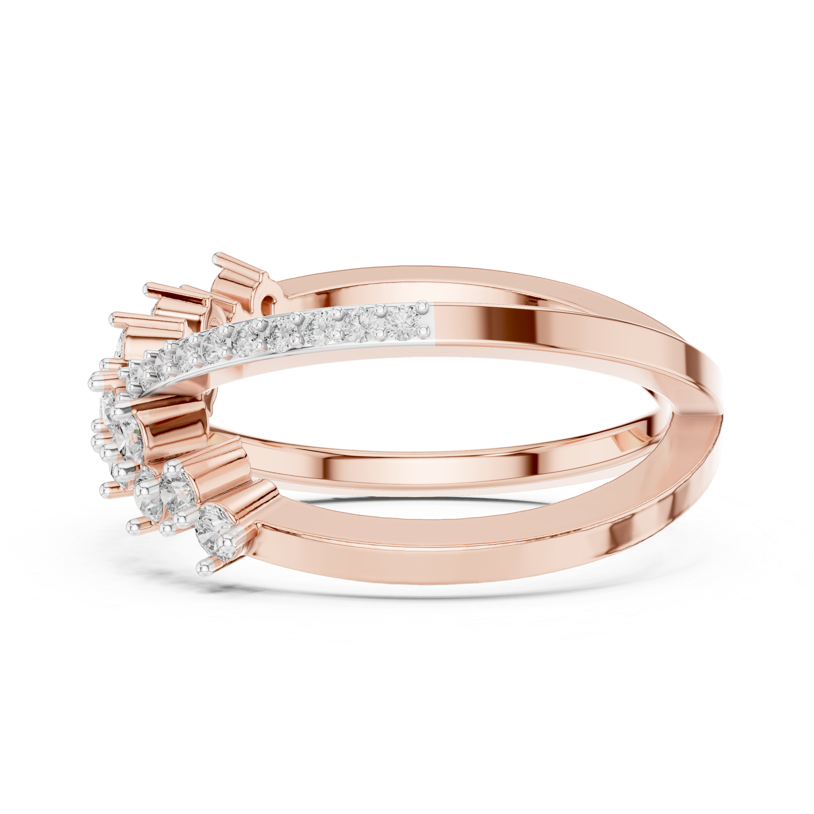 Rose gold diamond band ring with round stones along the outer edge and open center