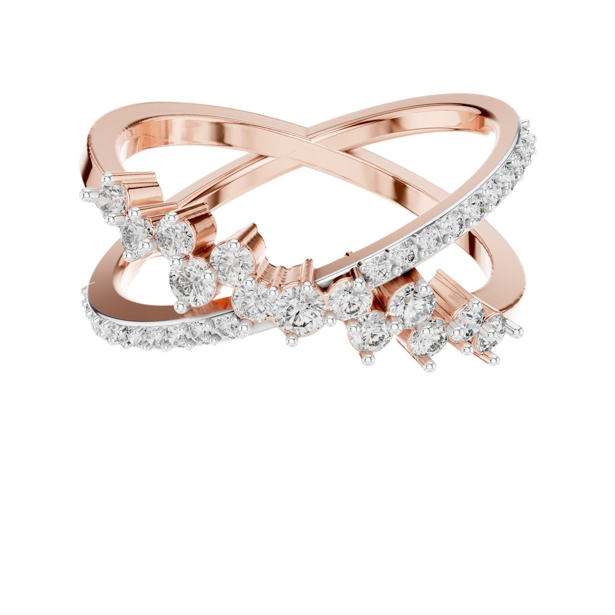 Rose gold and clear diamond band ring with round stones on the top and sides
