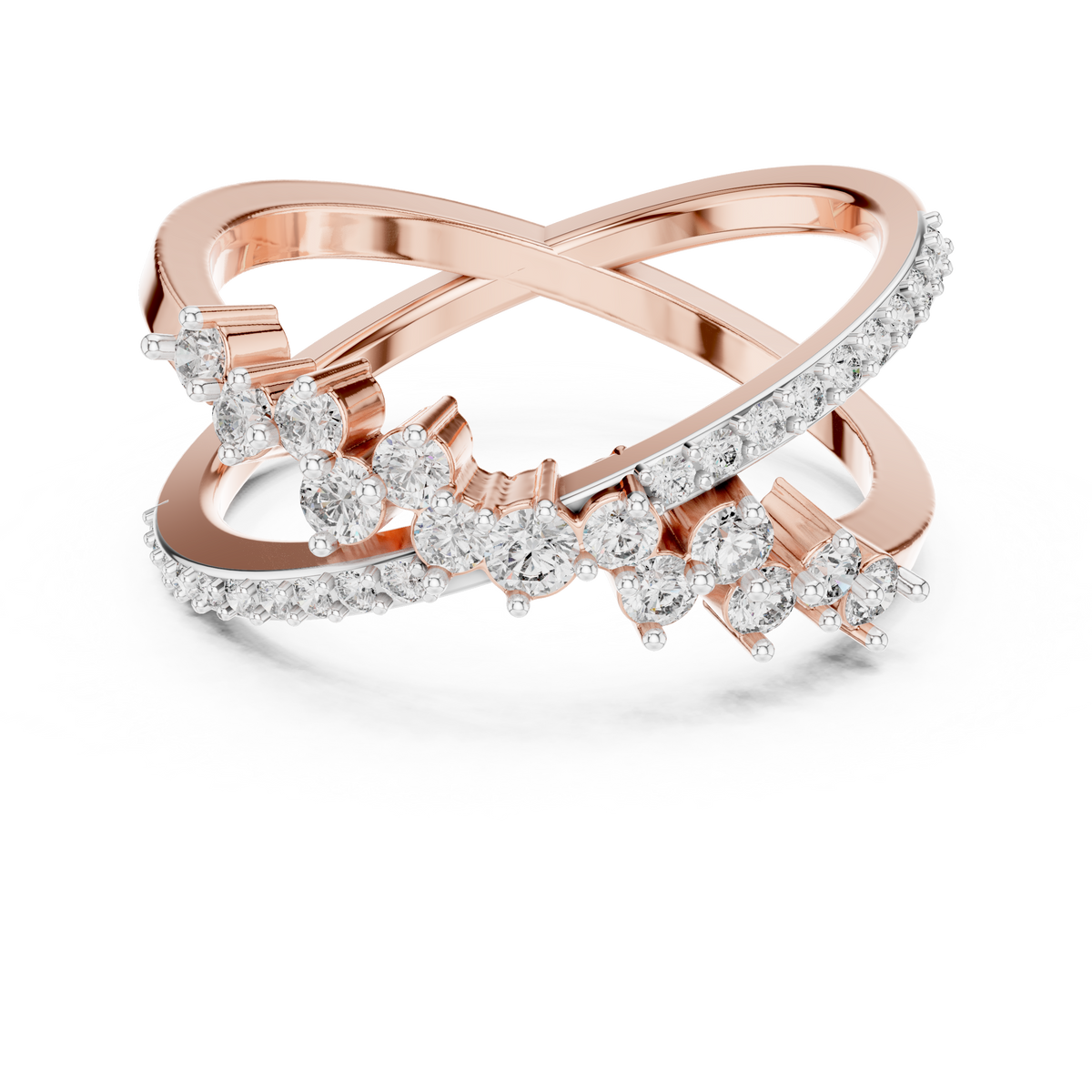 Rose gold and clear diamond band ring with round stones on the top and sides