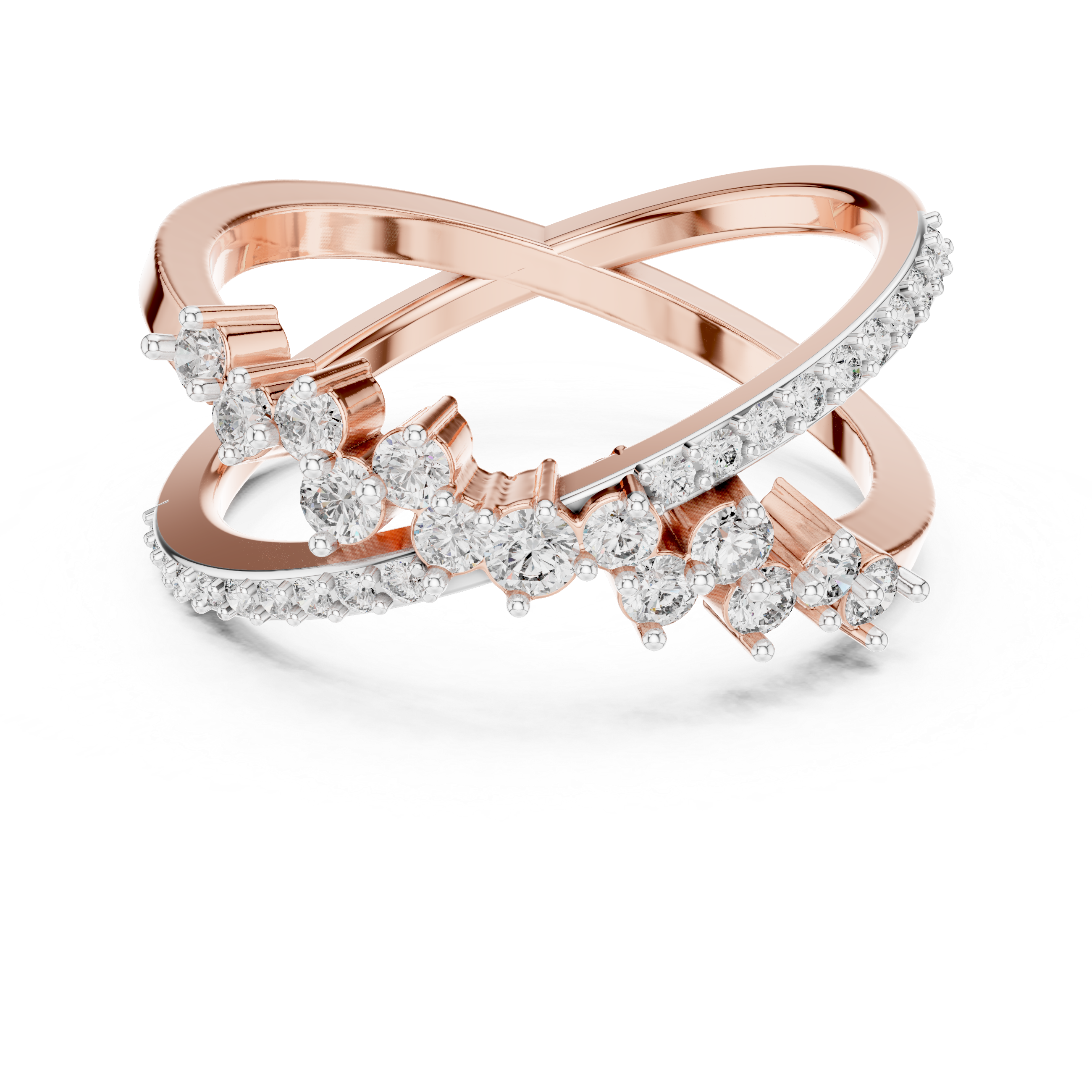 Rose gold and clear diamond band ring with round stones on the top and sides