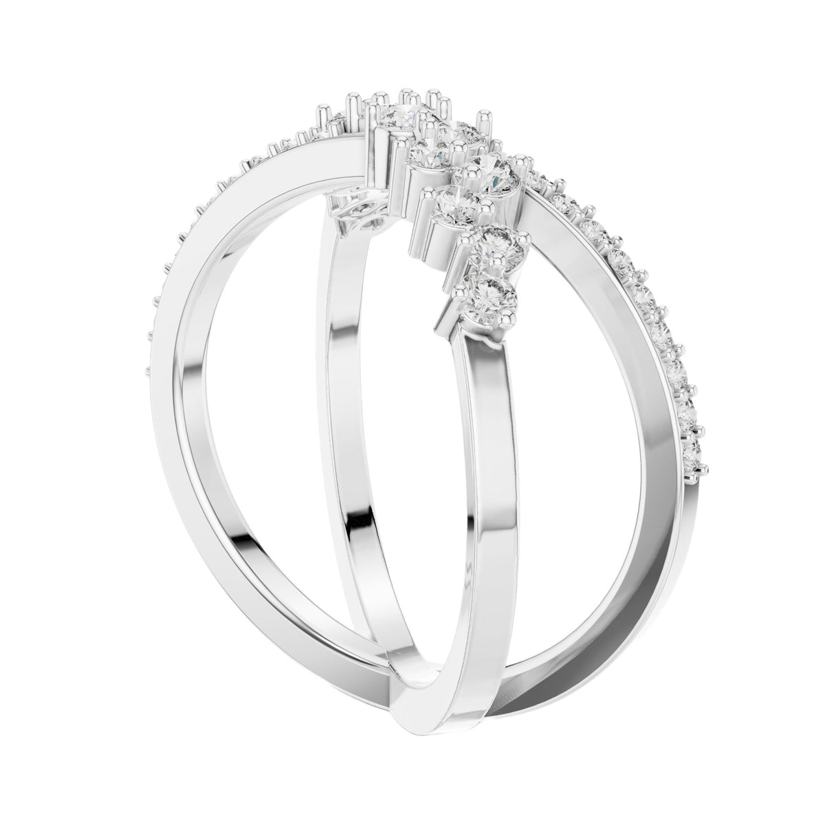 White gold diamond band ring with prong-set round stones in an X-stellar layout