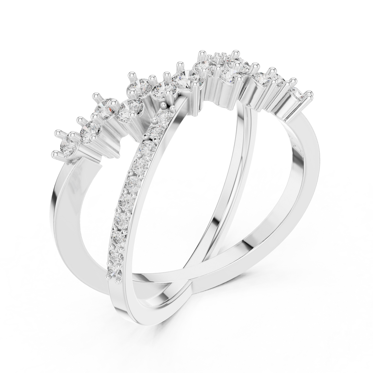 White gold diamond band ring with evenly spaced round stones across the top band
