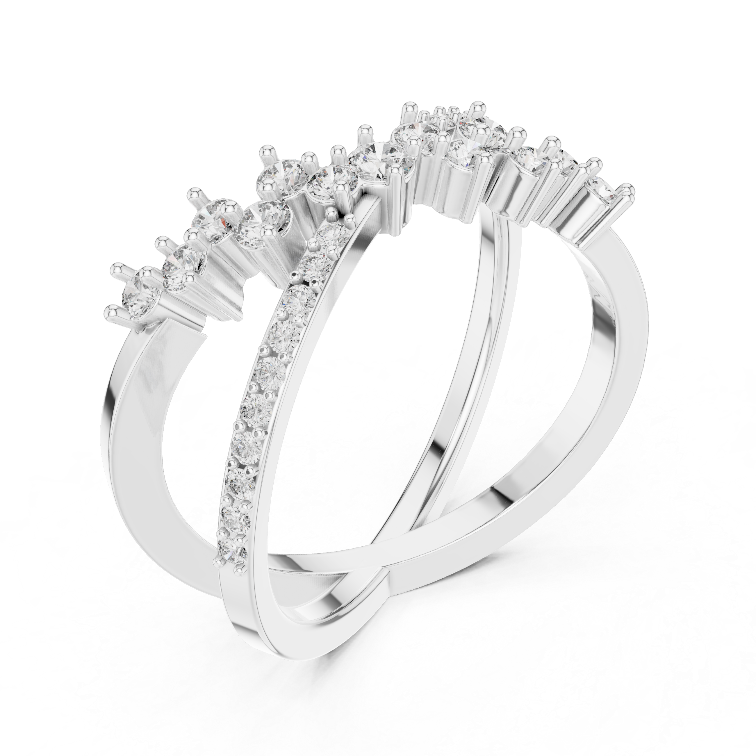 White gold diamond band ring with evenly spaced round stones across the top band