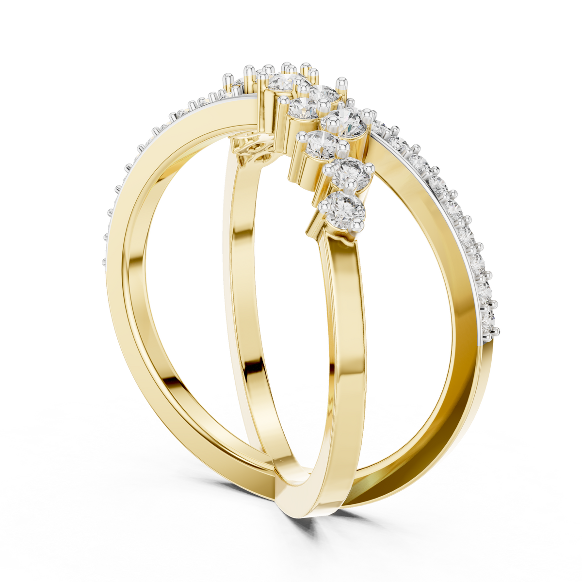 Yellow gold diamond band ring with round prong-set stones and radiant X style