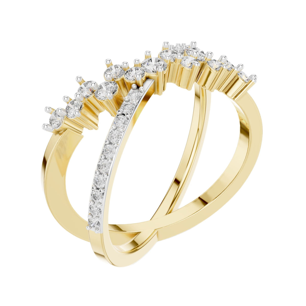 Yellow gold diamond band with round stones in prong settings, curved cross design