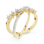 Yellow gold diamond band with round stones in prong settings, curved cross design