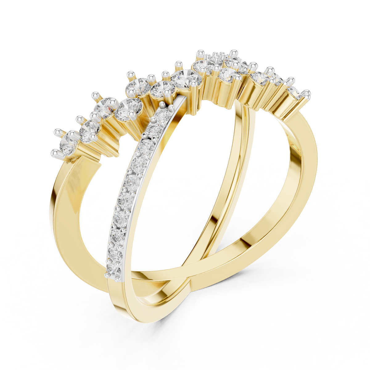 Yellow gold diamond band with round stones in prong settings, curved cross design