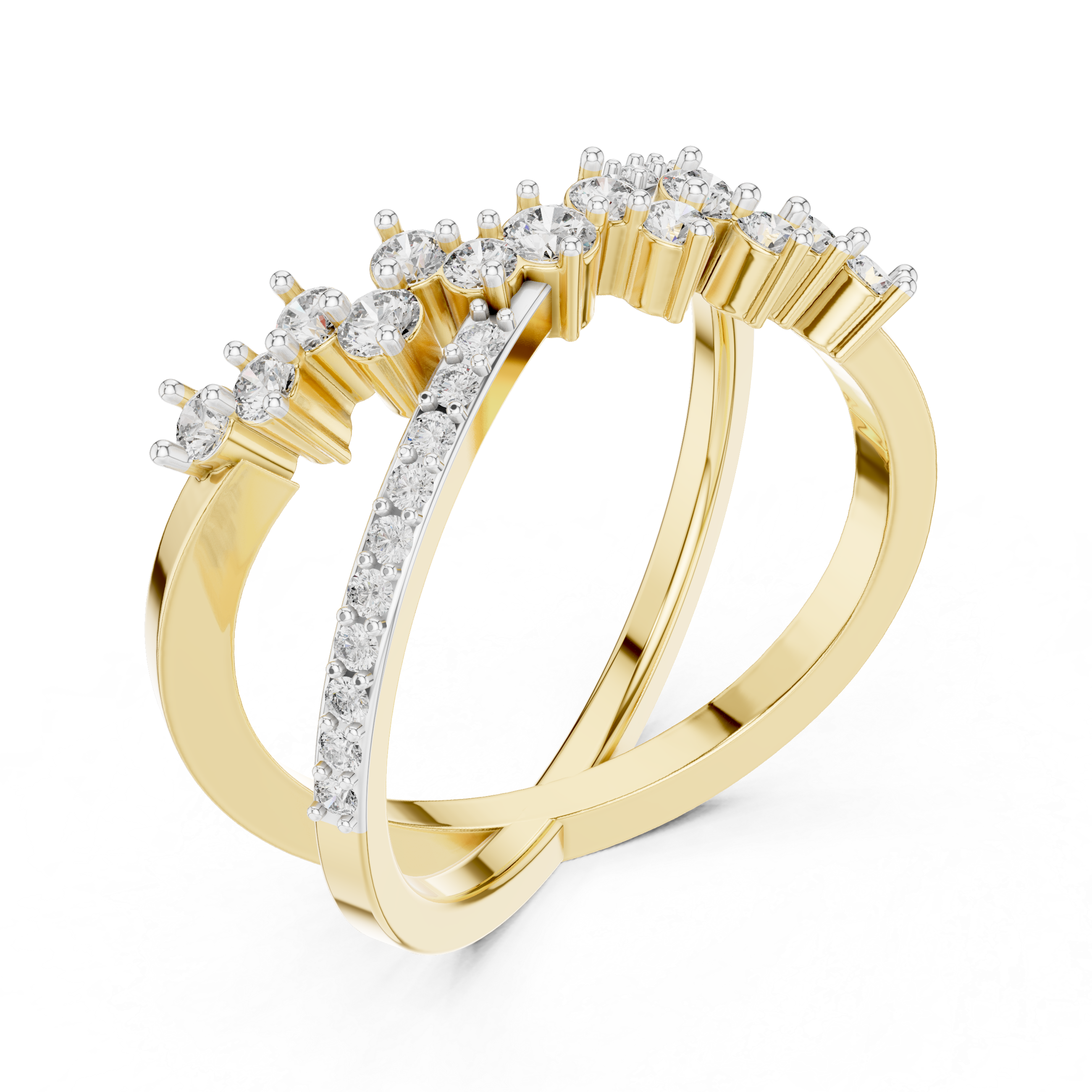 Yellow gold diamond band with round stones in prong settings, curved cross design