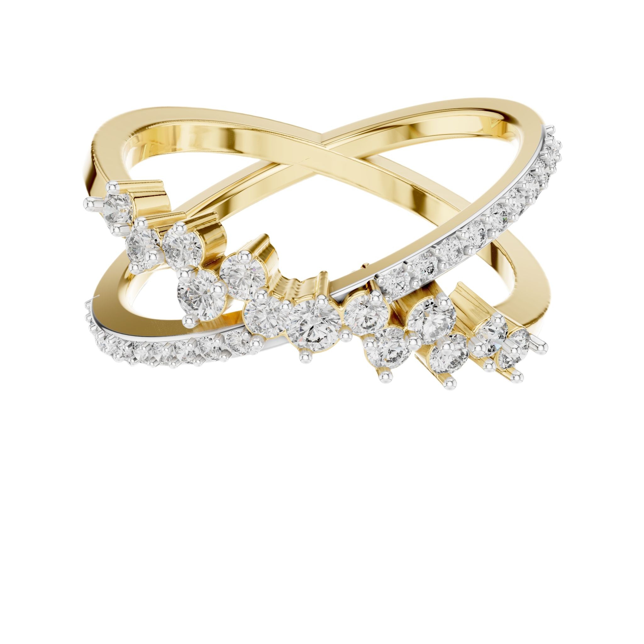 Yellow gold diamond band with round prong-set stones, side perspective
