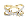 Yellow gold diamond band with round prong-set stones, side perspective