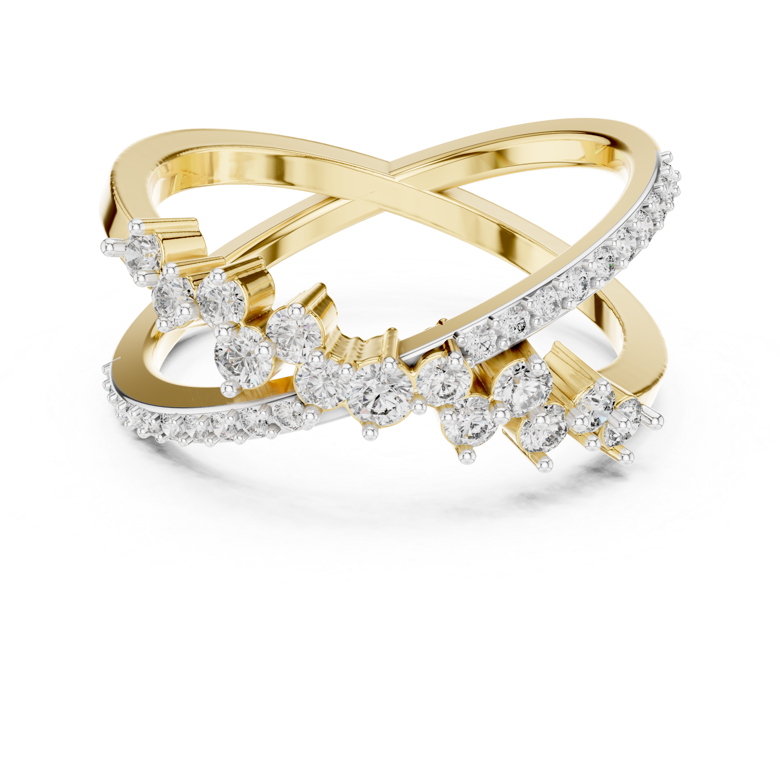 Yellow gold diamond band with round prong-set stones, side perspective