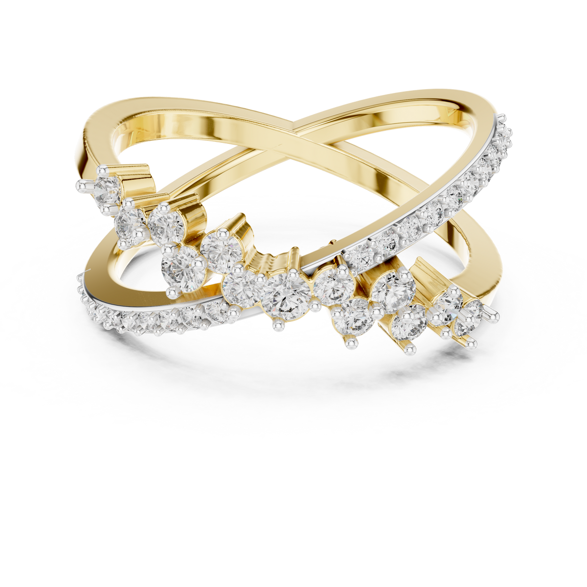 Yellow gold diamond band with round prong-set stones, side perspective
