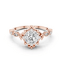 Rose gold round diamond engagement ring with lotus crown halo and side baguette stones
