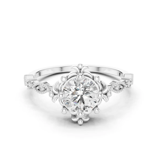 White gold round diamond engagement ring with lotus crown halo and side baguette stones