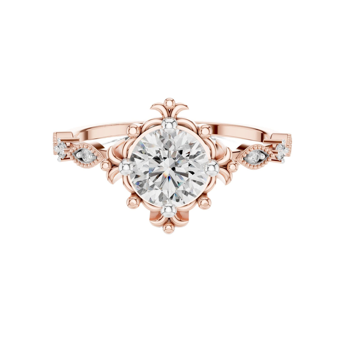 Rose gold engagement ring with round center diamond and sculpted crown setting
