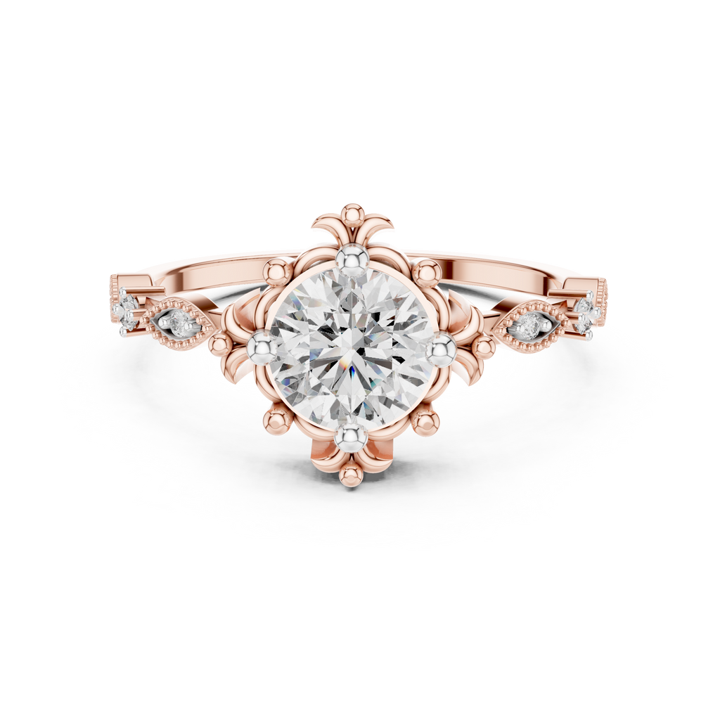 Rose gold engagement ring with round center diamond and sculpted crown setting