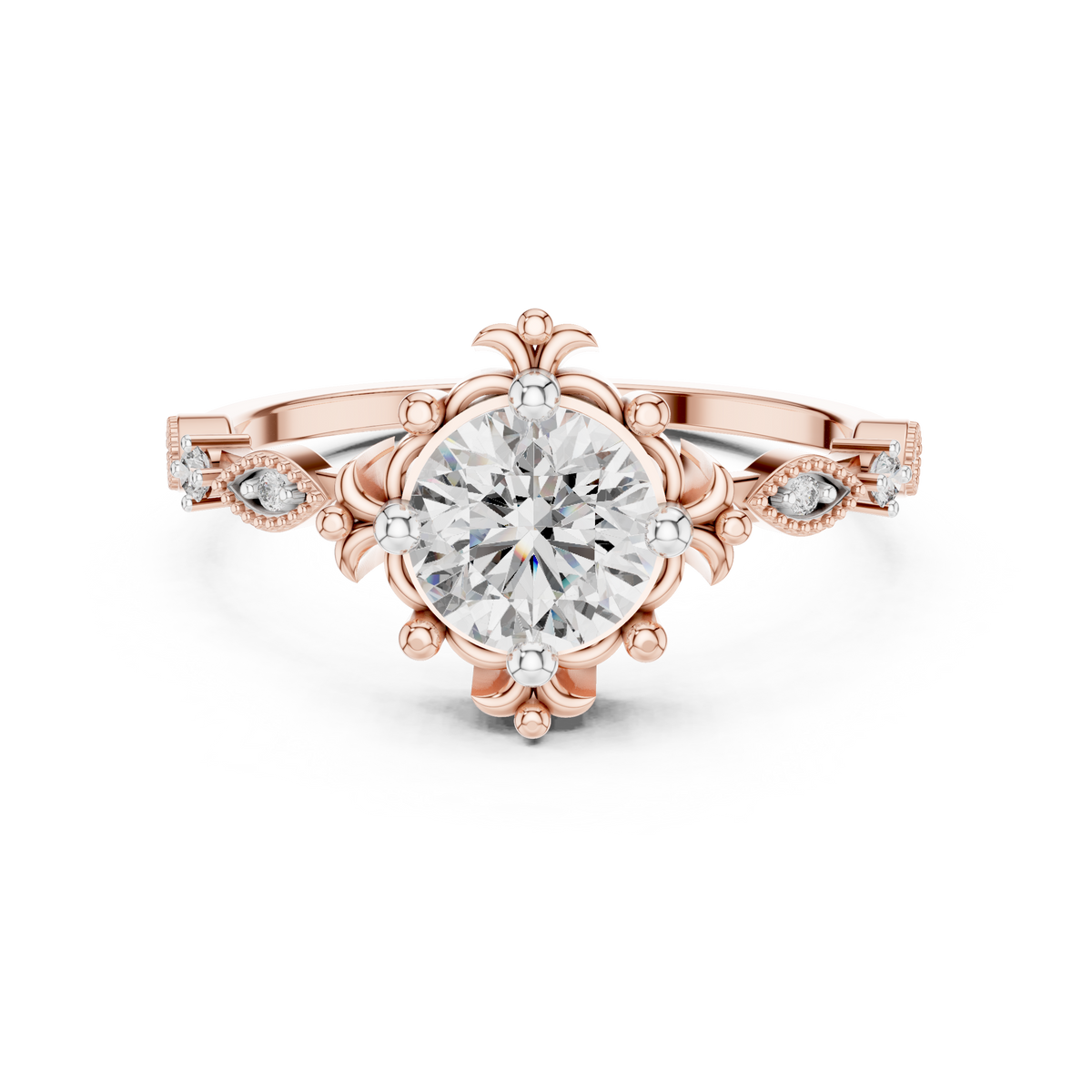 Rose gold engagement ring with round center diamond and sculpted crown setting