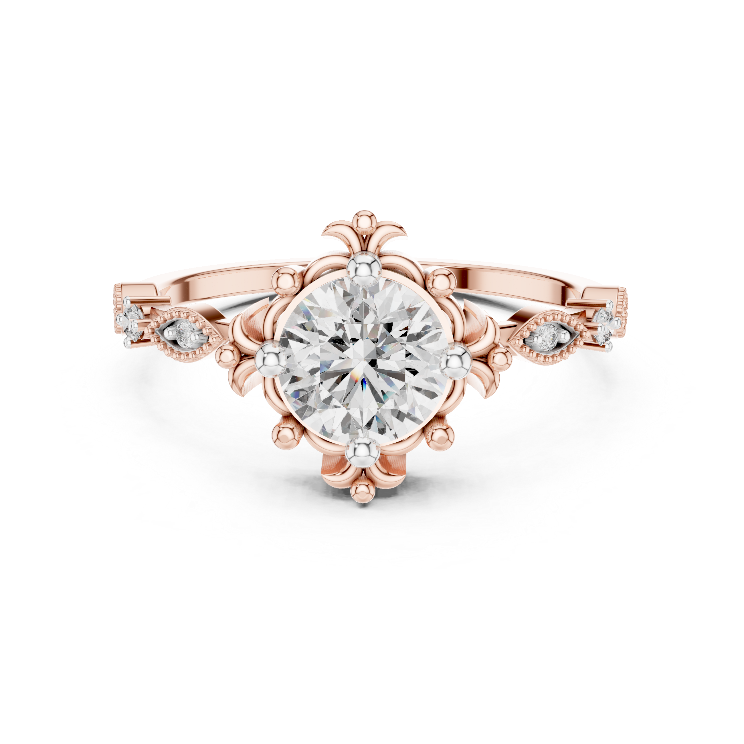 Rose gold engagement ring with round center diamond and sculpted crown setting