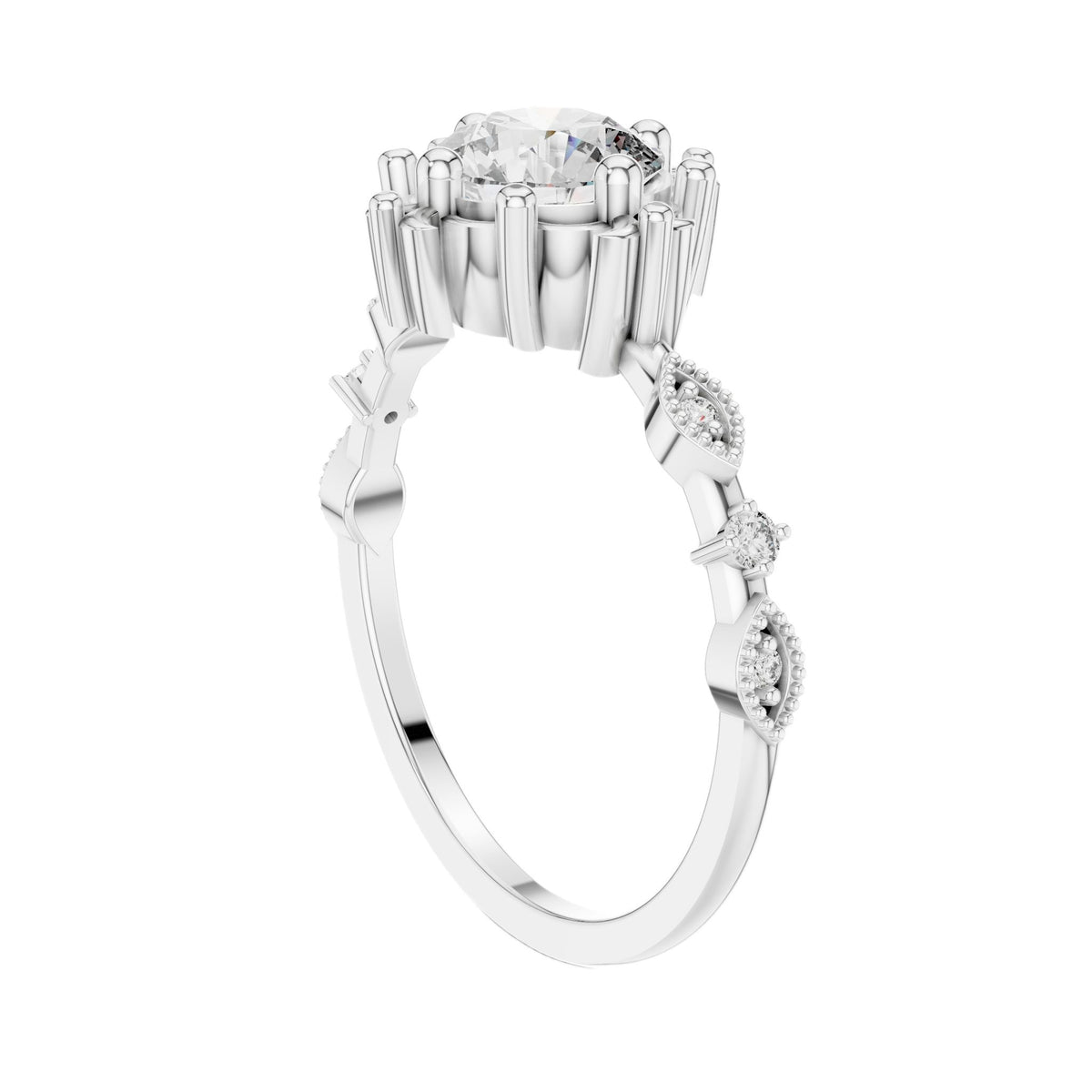Round center diamond engagement ring with prong-set baguette side stones in silver-tone metal