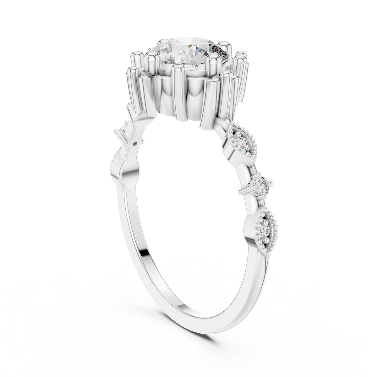 Round center diamond engagement ring with prong-set baguette side stones in silver-tone metal