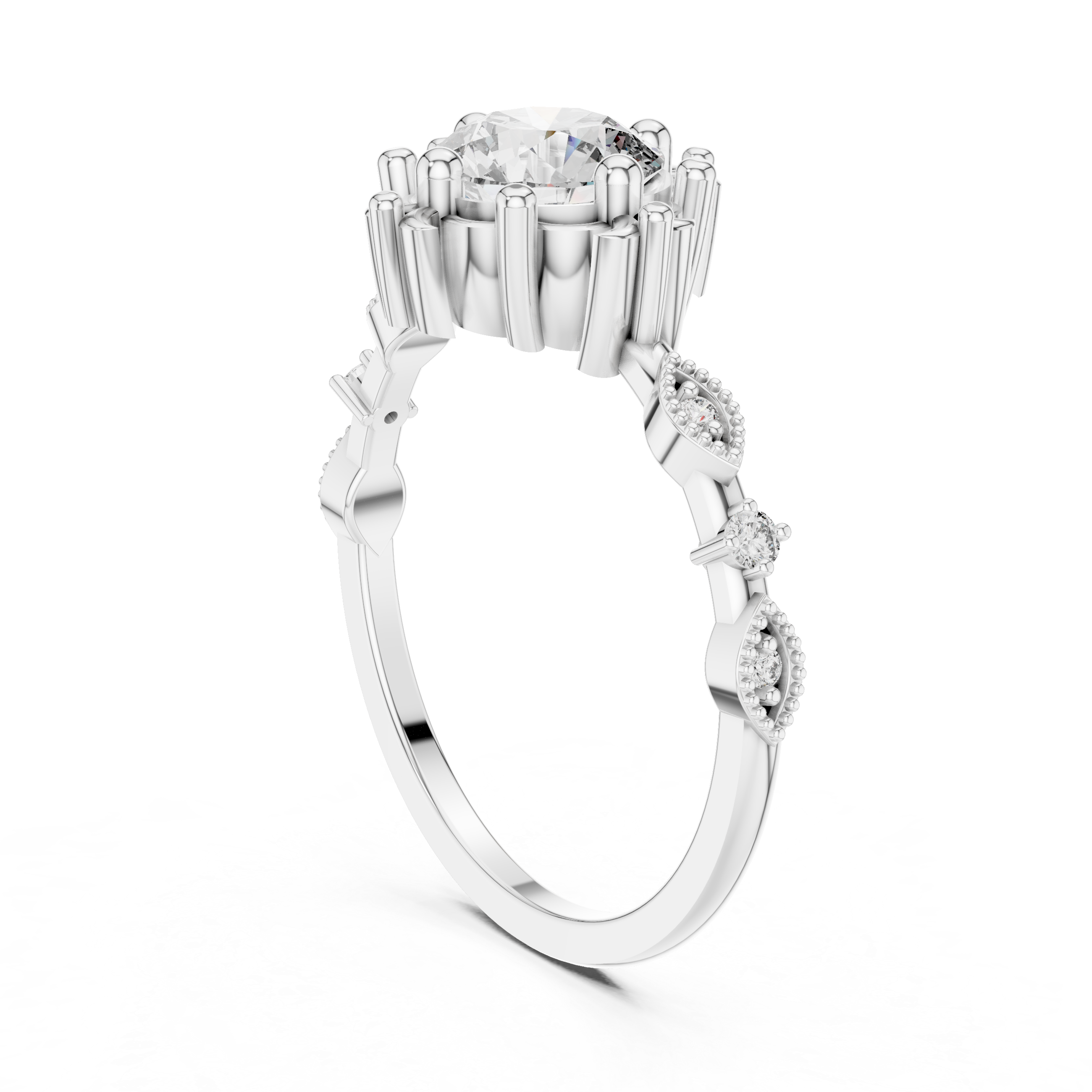 Round center diamond engagement ring with prong-set baguette side stones in silver-tone metal