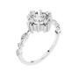 Round center diamond engagement ring with baguette stones around the band, silver-tone setting