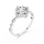 Round center diamond engagement ring with baguette stones around the band, silver-tone setting