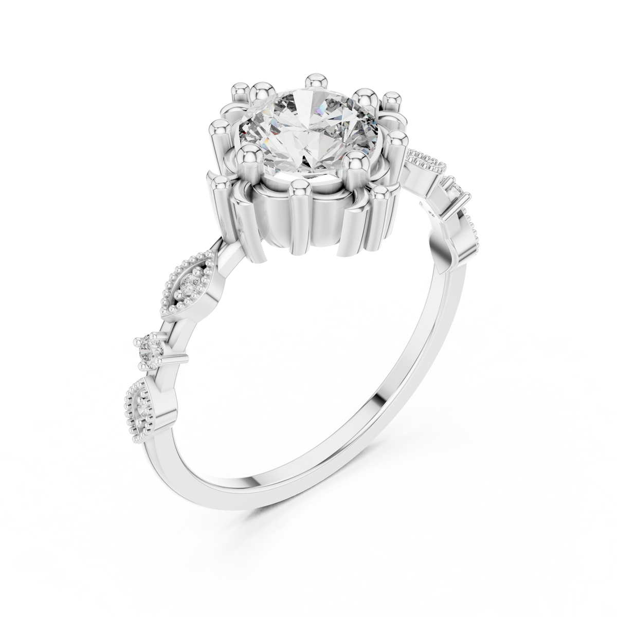 Round center diamond engagement ring with baguette stones around the band, silver-tone setting