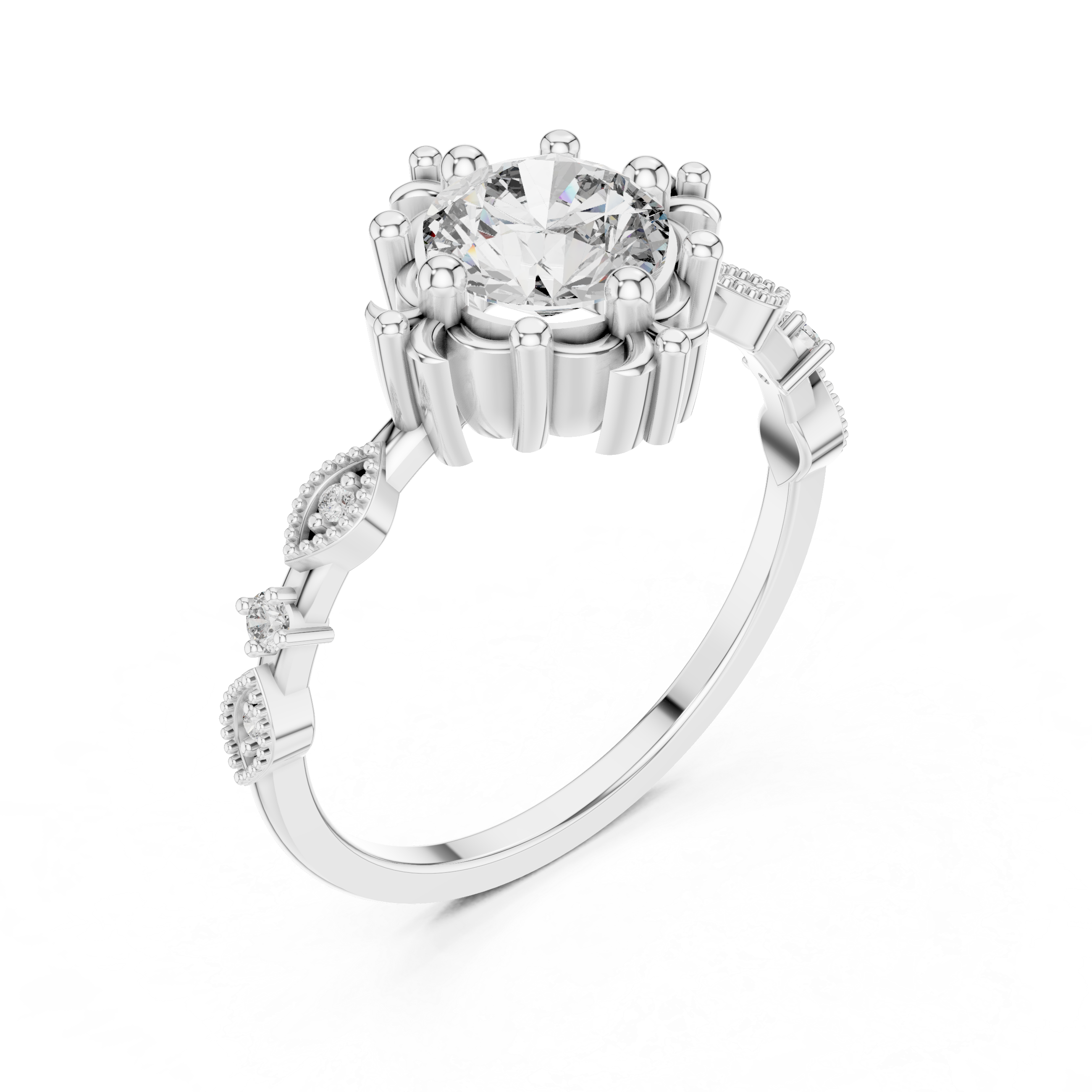 Round center diamond engagement ring with baguette stones around the band, silver-tone setting