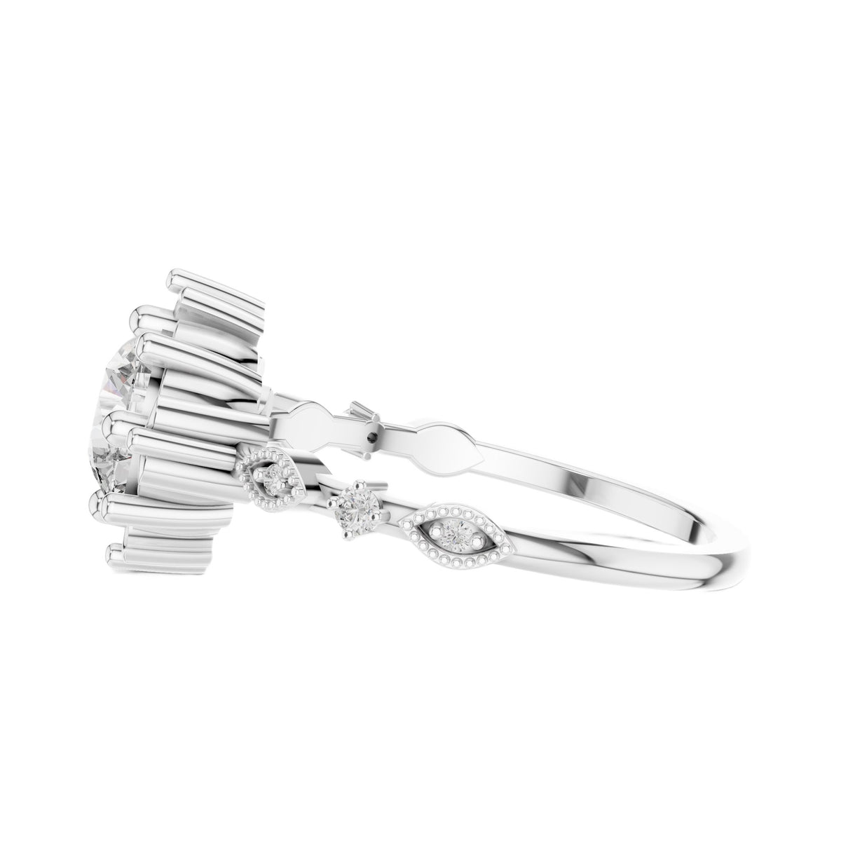 White gold engagement ring side view with round diamonds on the split shank