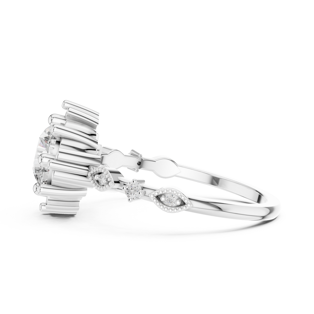 White gold engagement ring side view with round diamonds on the split shank