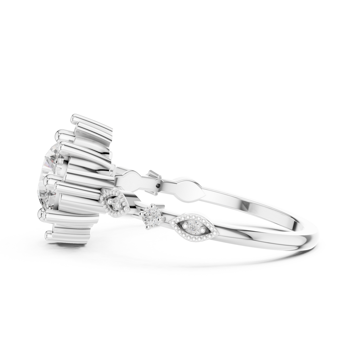 White gold engagement ring side view with round diamonds on the split shank